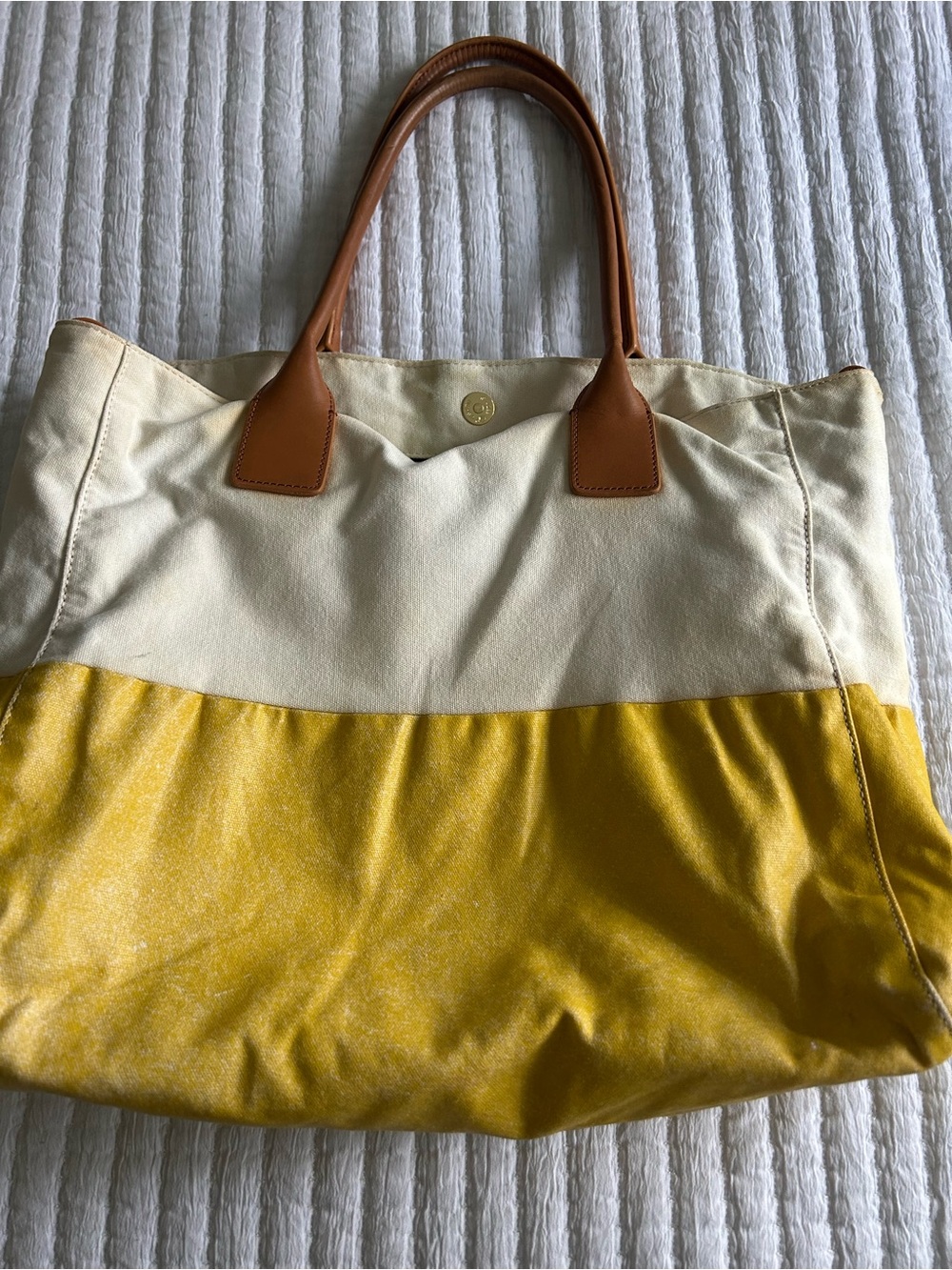 Tory Burch Two-Tone Canvas Tote in Cream, Yellow and Tan Leather - Picture 2 of 10